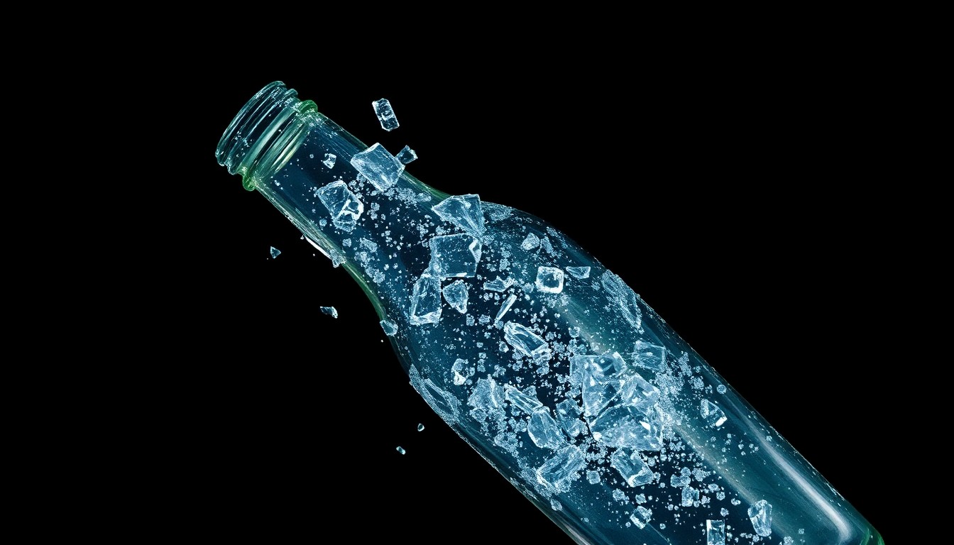 An extreme close-up photograph of a shattered glass bottle against a pitch-black background, lit by a harsh, direct camera flash, conceptually representing the violence and trauma experienced by a child in a domestic abuse case.