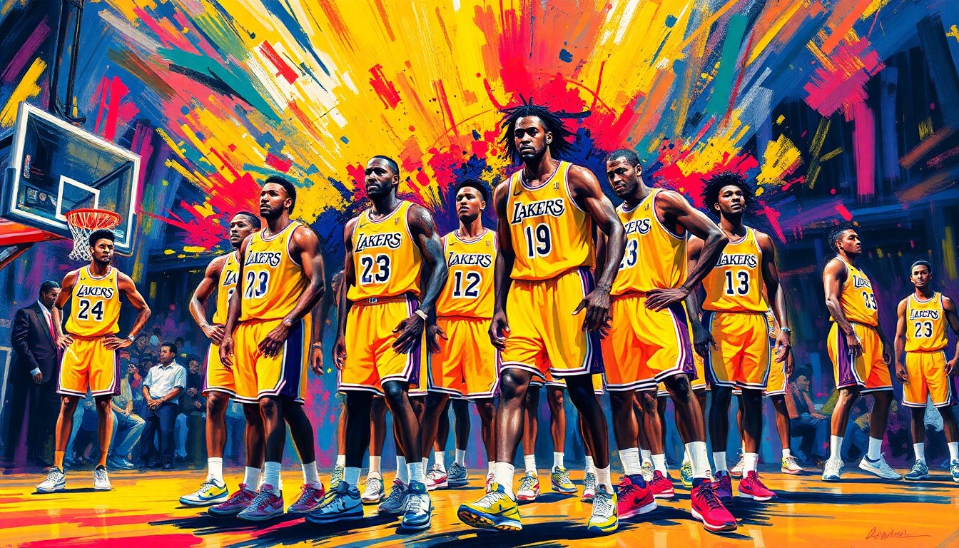 An abstract, energetic painting featuring overlapping brushstrokes of neon orange, electric blue, and vibrant yellow, capturing the dynamic movement and team spirit of the Lakers' pregame ritual.