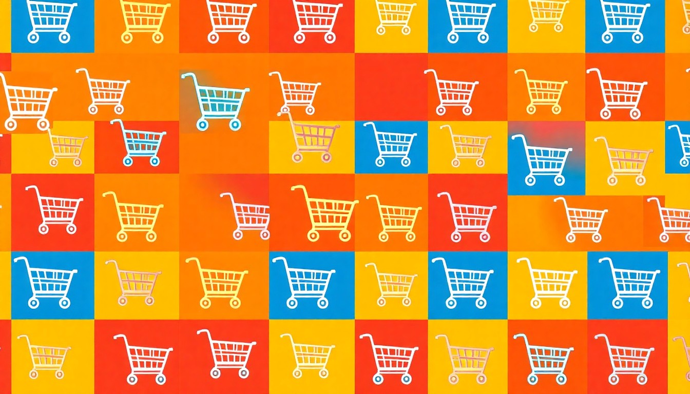 A brightly colored, high-contrast silkscreen print of a shopping cart icon repeated in a tight grid pattern, conceptually representing the transformation of a traditional retail space into a vibrant mixed-use community.