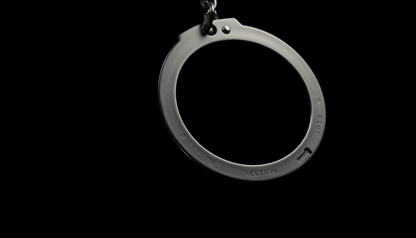 An extreme close-up of a metal handcuff key against a pitch-black background, dramatically lit by a harsh camera flash to create a stark, investigative aesthetic without words.