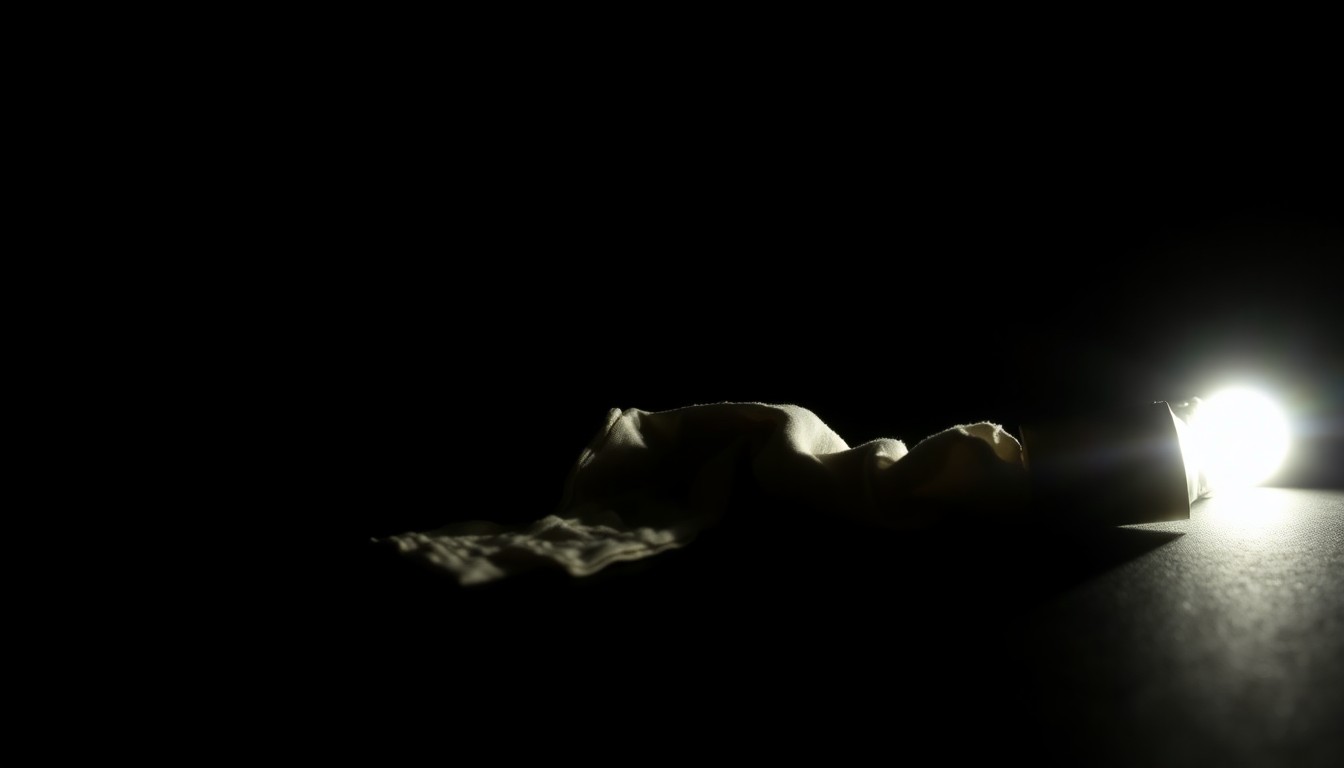 An extreme close-up photograph of a crumpled piece of clothing, such as a shirt or jacket, illuminated by a harsh, direct camera flash against a pitch-black background, conceptually representing the discovery of a body in the river.