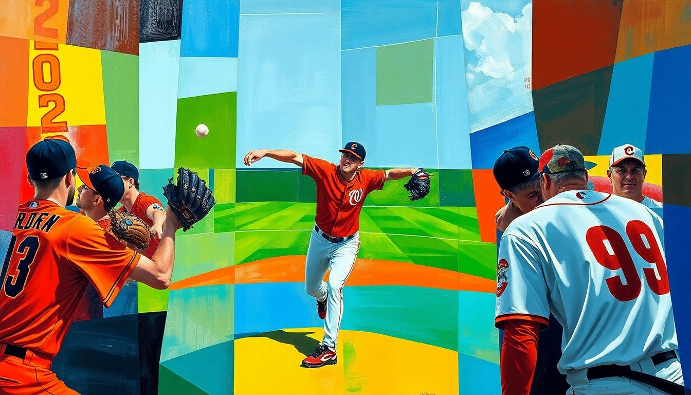 A cubist, geometric painting depicting a baseball pitcher's delivery and the final moments of a no-hit bid, with overlapping planes of color representing the Guardians and Orioles uniforms.