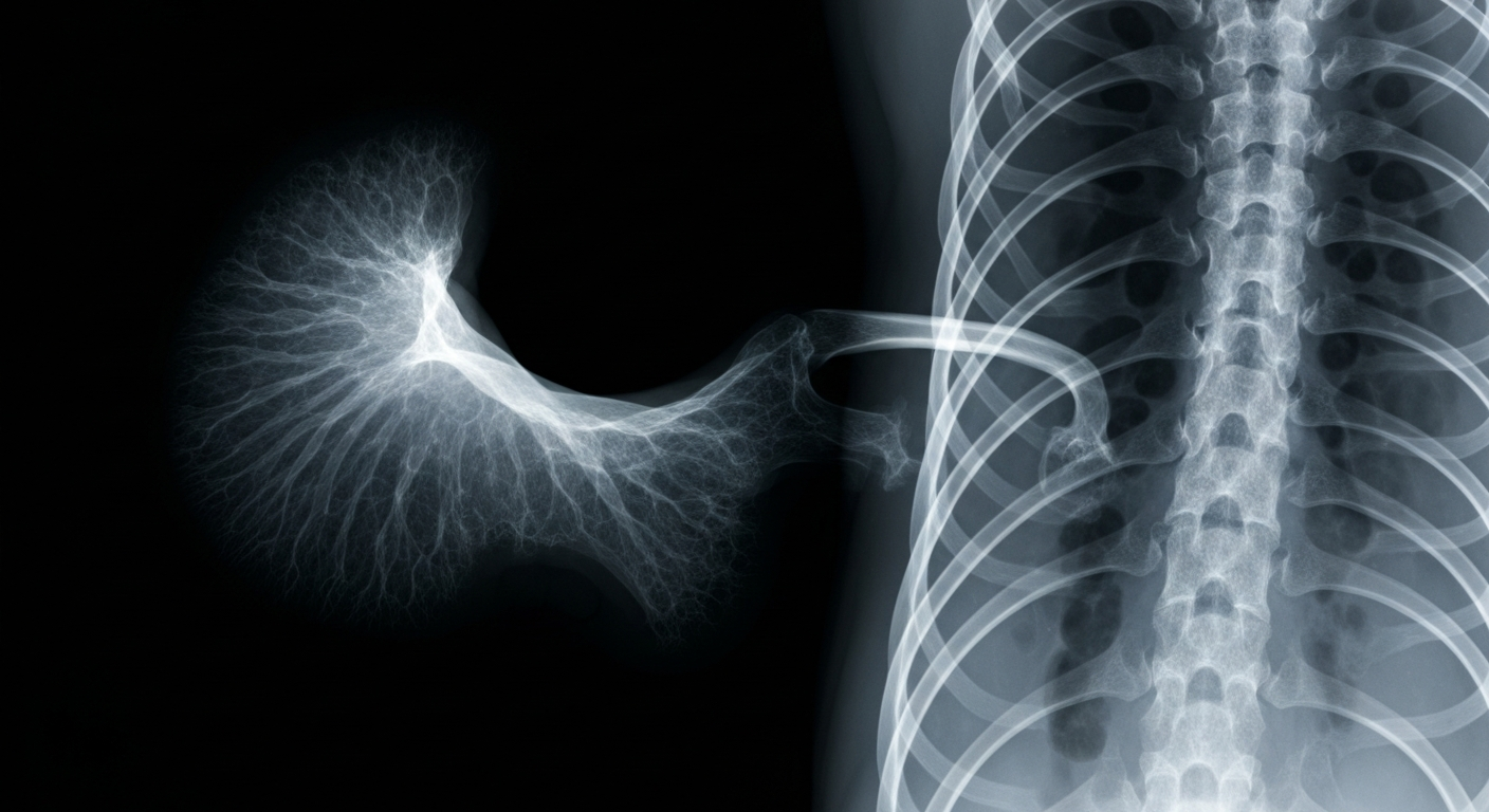 A highly detailed, translucent X-ray-style image revealing the intricate internal structures of a gastroesophageal tumor as glowing, ghostly lines against a dark background, conceptually representing the immune reprogramming effects of the combination therapy.