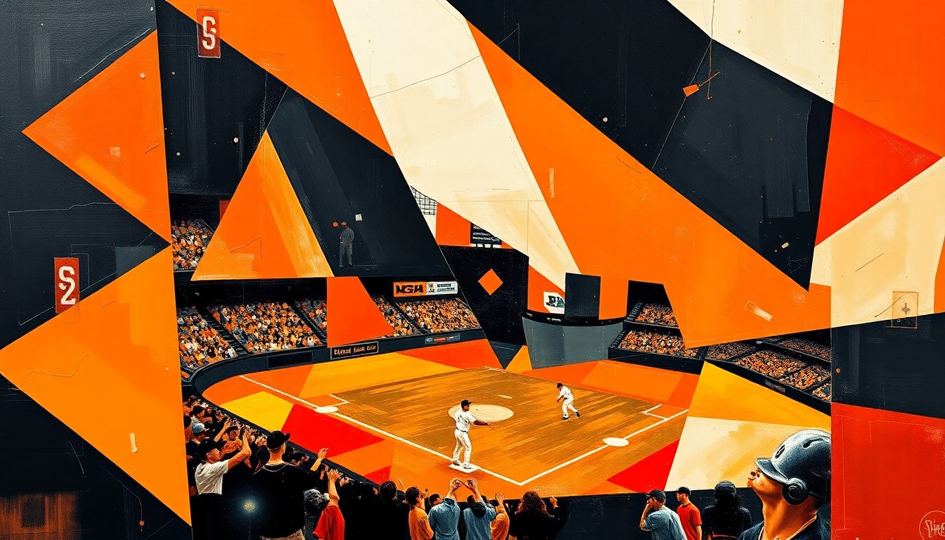 A cubist, geometric painting depicting a fragmented baseball game or match, with sharp, overlapping shapes and planes in the San Francisco Giants' official colors of orange, black, and white, conveying the fractured nature of the team's performance and the fans' frustration.