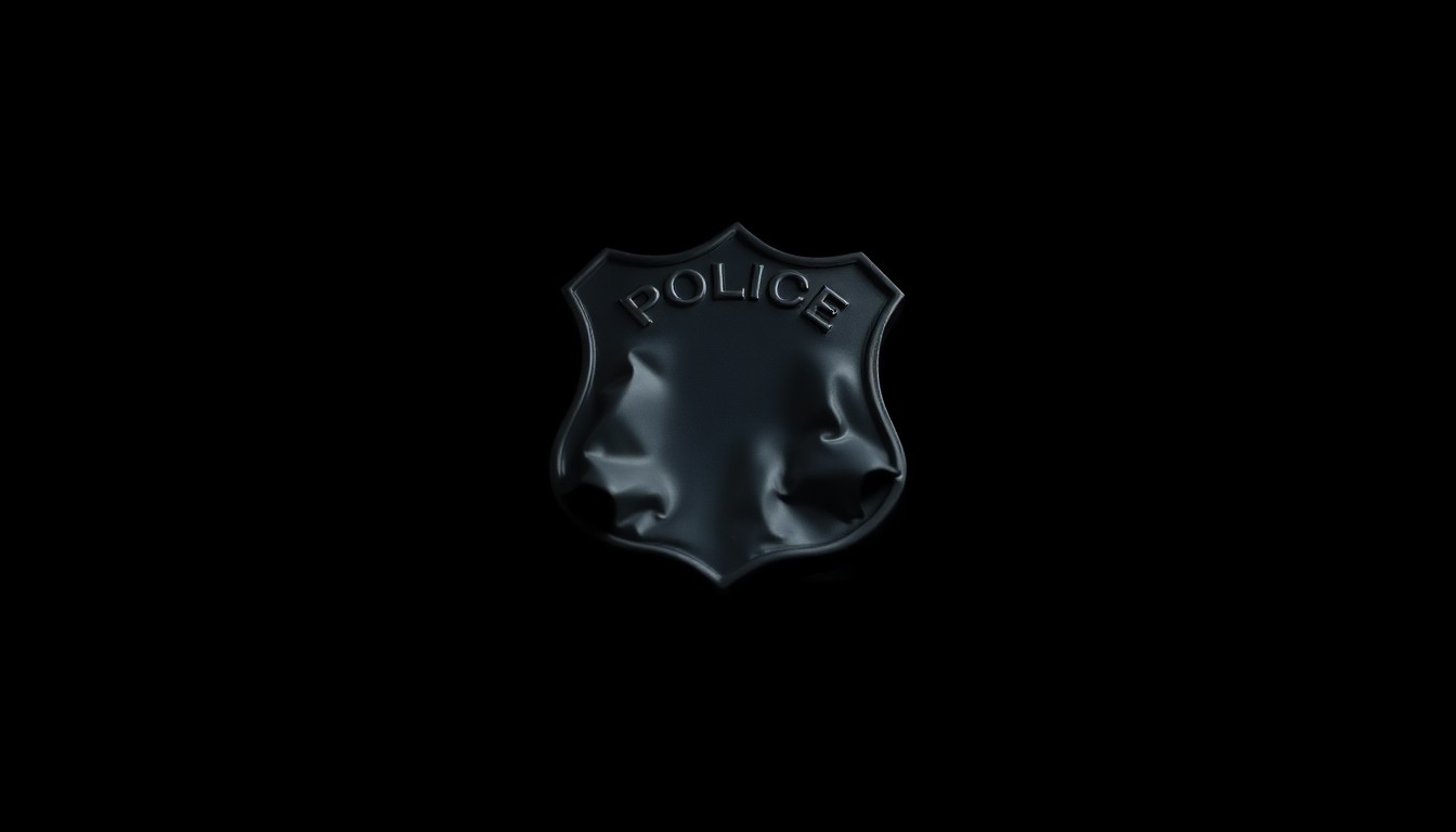An extreme close-up of a crumpled police badge reflecting a harsh, direct flash of light, conceptually representing the consequences of misconduct within a law enforcement agency.