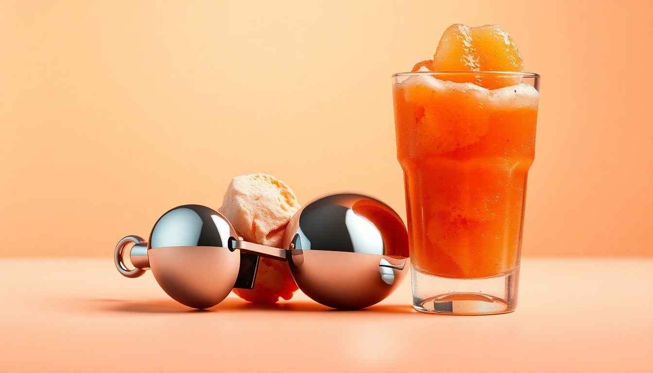 A high-end, photorealistic studio still-life photograph featuring a polished chrome ice cream scoop and a glass of vibrant, sunset-inspired Italian ice, symbolizing the premium quality and timeless appeal of Bubba's Ice Cream.