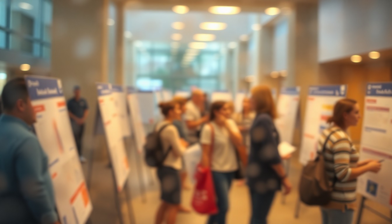 An abstract, out-of-focus scene of students presenting research in a university setting, with soft, warm pools of color and light.