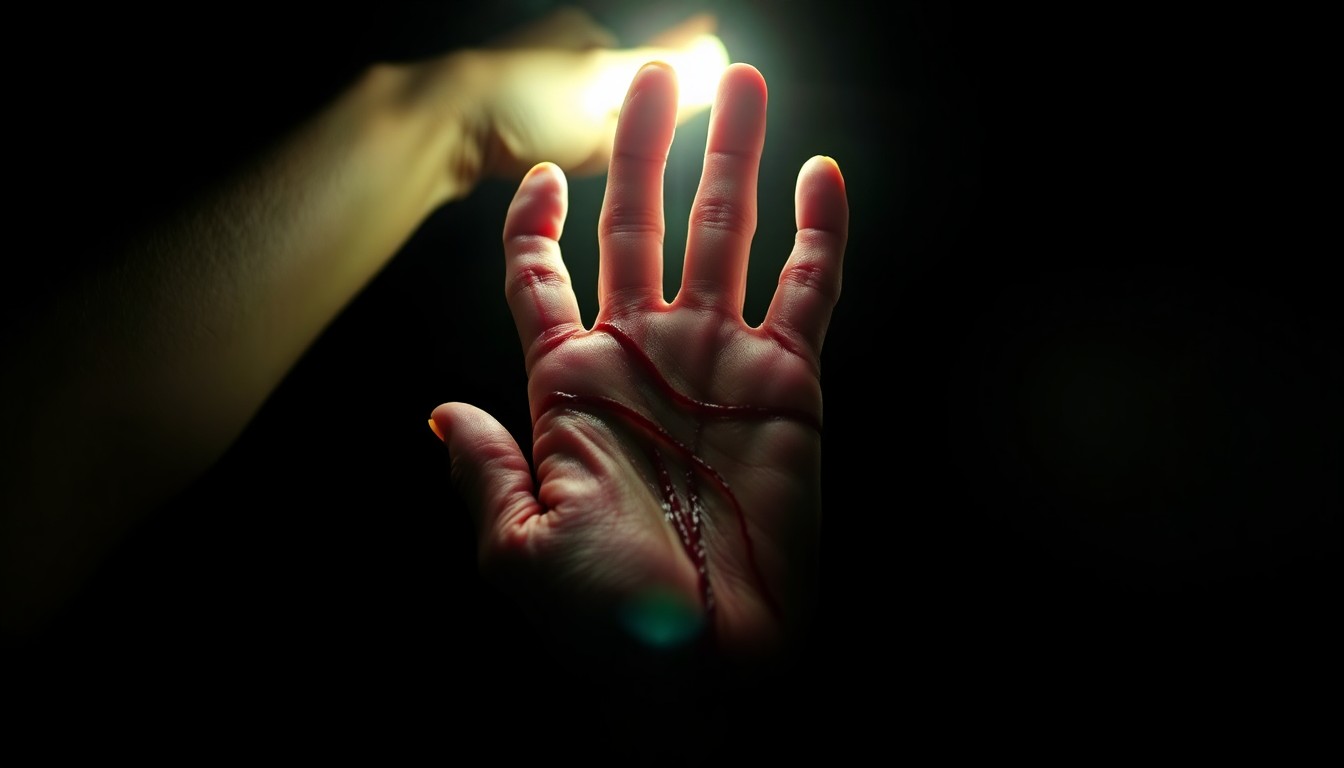 An extreme close-up photograph of a severed hand, the harsh flash lighting creating a stark, gritty, and investigative aesthetic that conceptually represents the brutal nature of the MS-13 murders.