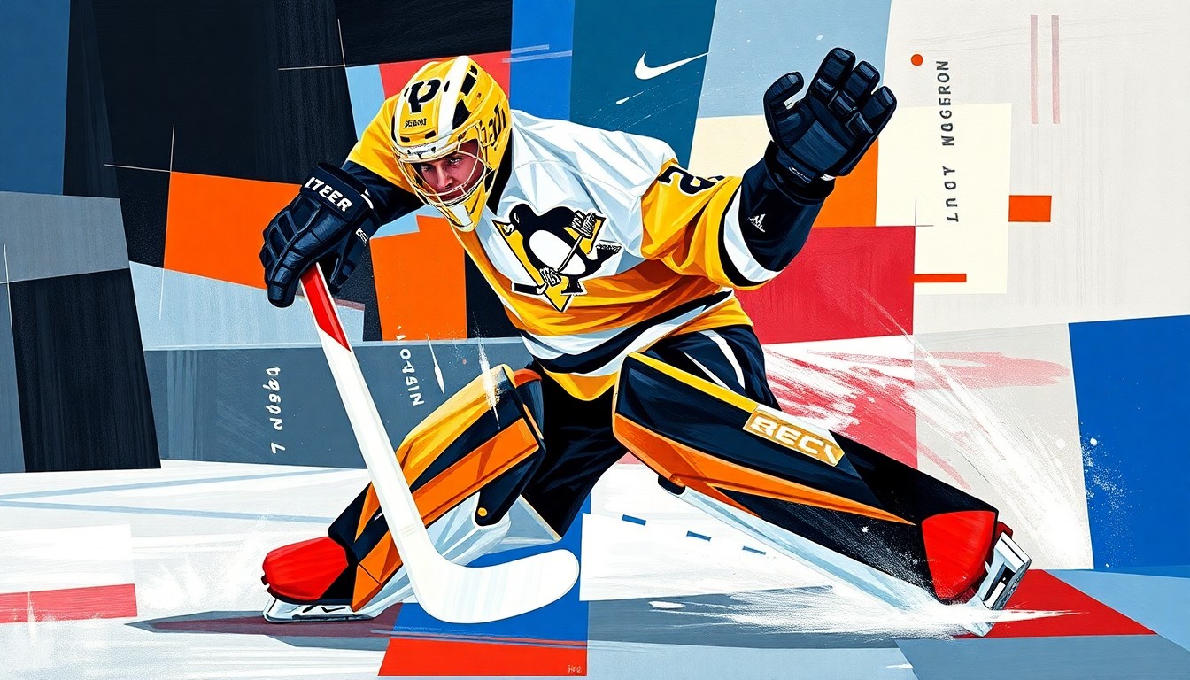 A cubist, geometric painting depicting a hockey goaltender making a save, with the player's form broken down into overlapping planes of blue, gold, orange, and black, reflecting the team colors of the Pittsburgh Penguins and Philadelphia Flyers.