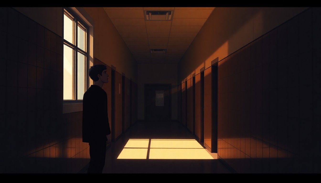 A dimly lit hallway in a school, with a solitary figure standing by a window and gazing out, the scene bathed in warm, diagonal sunlight and deep shadows, conveying a sense of quiet contemplation.
