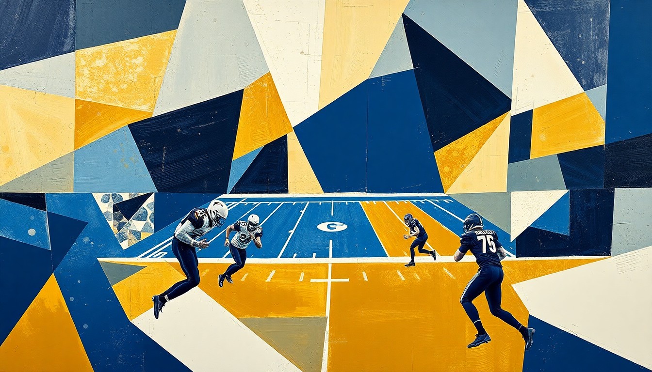 A cubist, geometric painting featuring overlapping planes of navy blue, gold, and white, conceptually representing the fragmented nature of a football practice or game as Vanderbilt searches for a new starting quarterback.