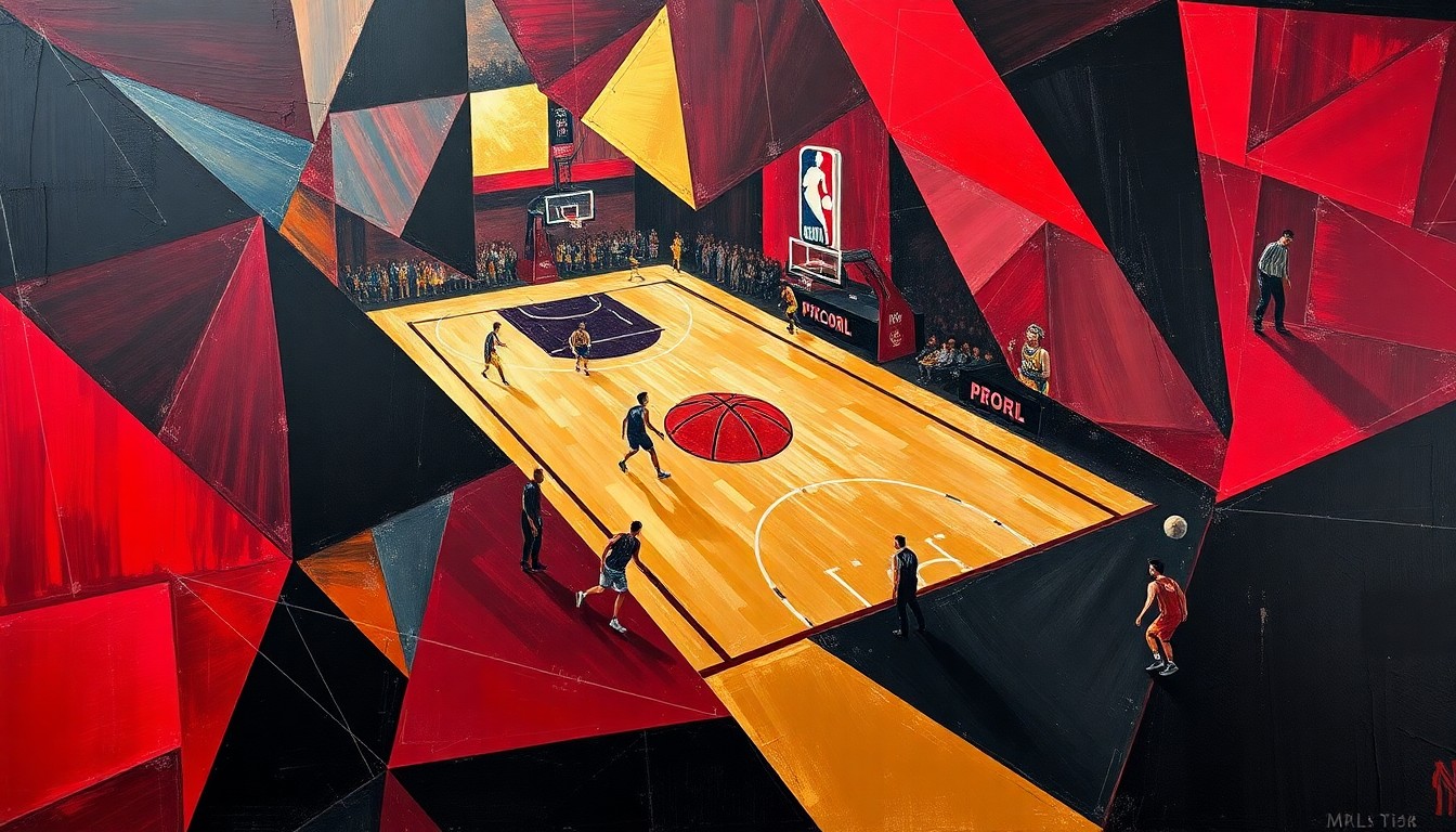 A cubist, geometric painting featuring overlapping planes of garnet red, black, and metallic gold, conceptually representing the dynamic movement and energy of a basketball game.