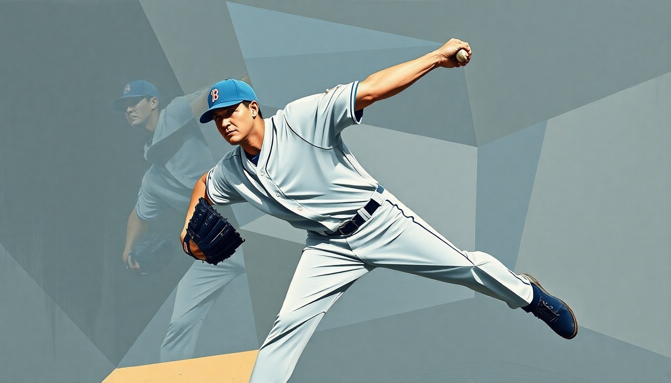 A fragmented, geometric painting depicting a pitcher's throwing motion broken down into sharp, overlapping planes of muted colors, conceptually representing the technical challenges and physical demands of the sport.