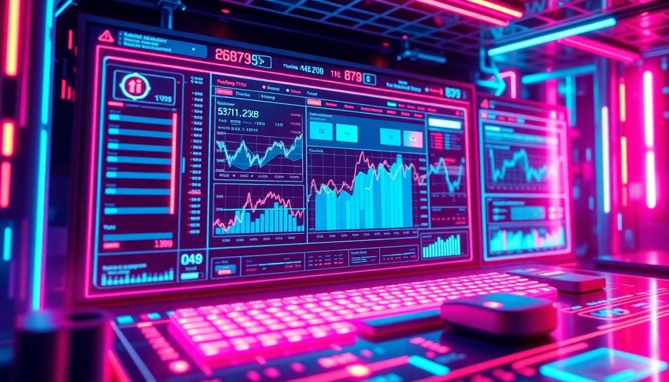 A highly detailed, glowing 3D illustration of a futuristic trading dashboard interface, filled with neon cyan and magenta lights, digital charts, and abstract data visualizations, conceptually representing the advanced AI-powered technology behind BitsStrategy's automated trading platform.