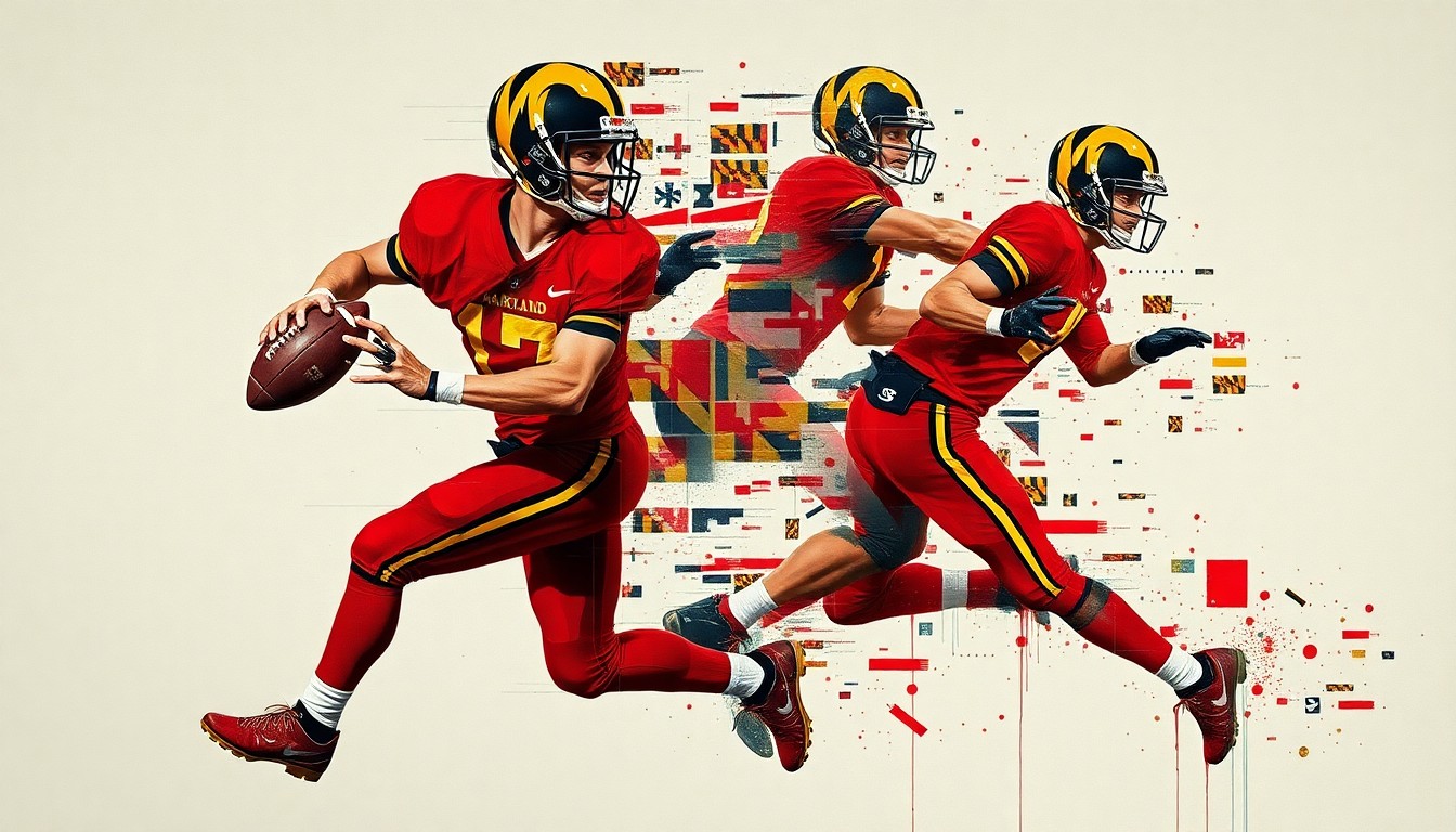 A cubist, geometric painting depicting a Maryland football player in motion, with the quarterback's body fractured into overlapping planes of red, black, and gold.