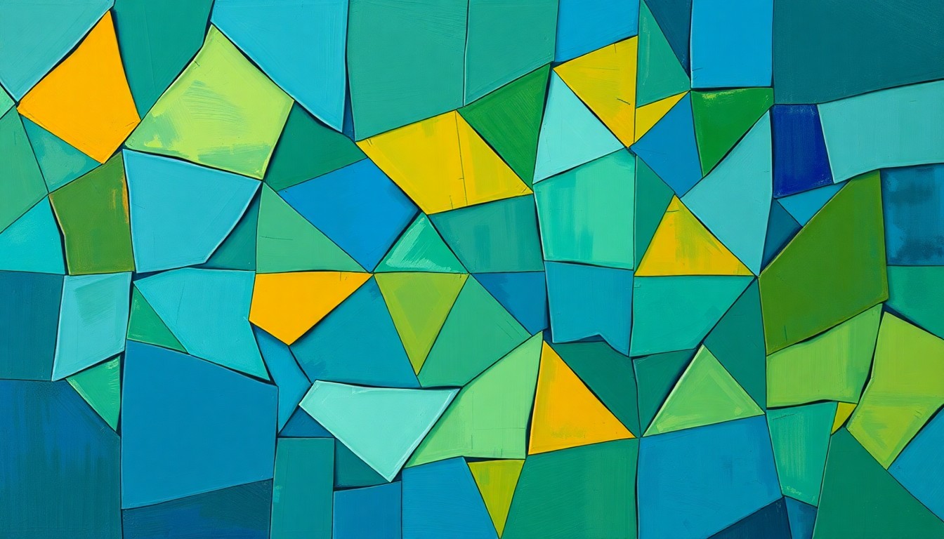 A vibrant, fragmented painting featuring overlapping geometric shapes in shades of blue, green, and orange, conceptually representing the complex and contested nature of higher education policy.