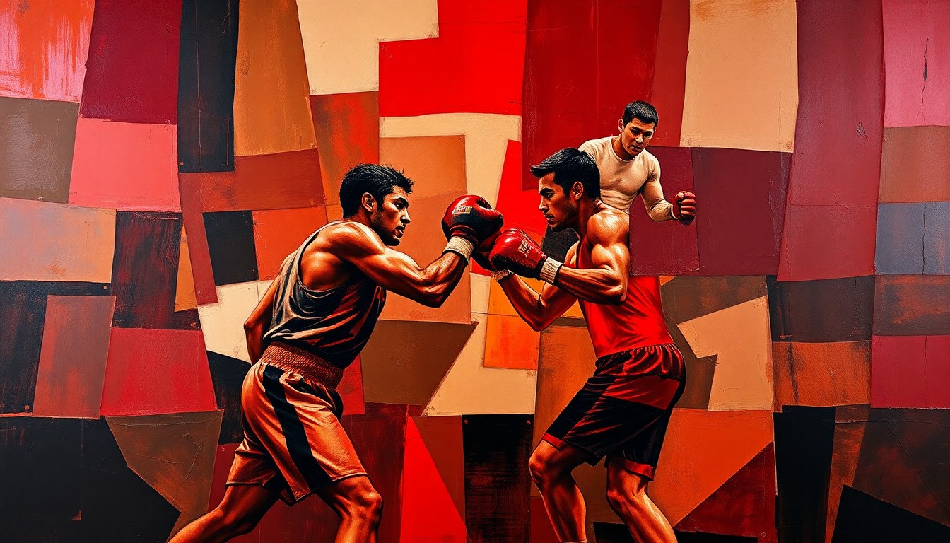 A cubist, geometric painting depicting a boxer's movements and training, with sharp, overlapping planes in a palette of deep reds, browns, and blacks, conceptually representing the unexpected personal ties that led to George Foreman's burial in Sioux City, Iowa.
