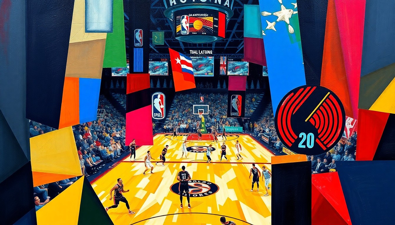 A fragmented, cubist-style painting depicting the action and energy of an NBA playoff basketball game between the San Antonio Spurs and Portland Trail Blazers, with the players and court rendered in a geometric, abstract style using the teams' official color palettes.