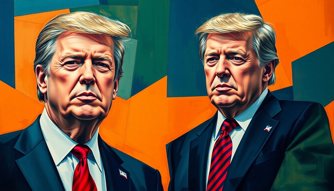 A vibrant, abstract painting featuring the distorted, overlapping figures of two politicians in suits, conveying the dynamic and competitive nature of the upcoming Democratic gubernatorial primary in Michigan.