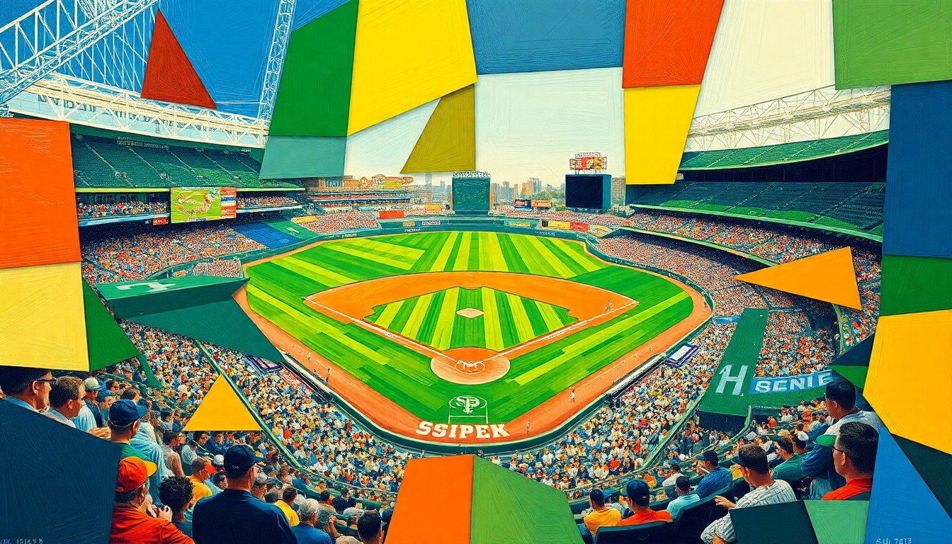 A cubist, geometric painting depicting a college baseball game, with sharp, overlapping planes of bright green, blue, and orange hues representing the dynamic action on the field.