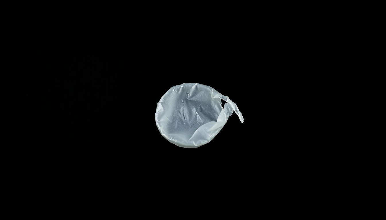 An extreme close-up of a used condom, its texture and material details sharply illuminated by a harsh, direct camera flash against a pitch-black background, conceptually representing the evidence recovered during a police investigation into prostitution at local massage businesses.