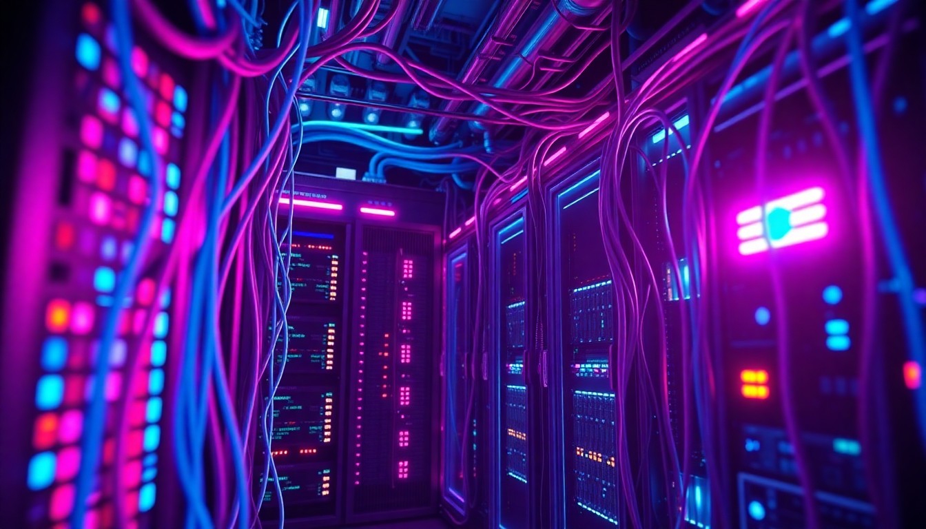 A highly detailed, glowing 3D illustration of a complex cybersecurity infrastructure, with illuminated data cables, server racks, and AI-powered security systems, conveying the technological complexity and high-stakes nature of the evolving threat landscape.