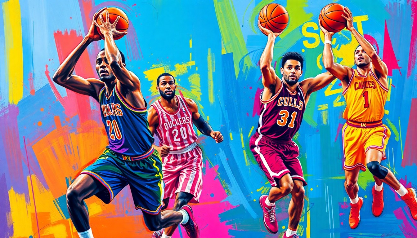 An abstract, expressionist painting featuring dynamic, neon-colored brushstrokes and shapes that capture the energy and movement of professional basketball players in action, conceptually representing the NBA's flexibility in honoring top players despite missed games.