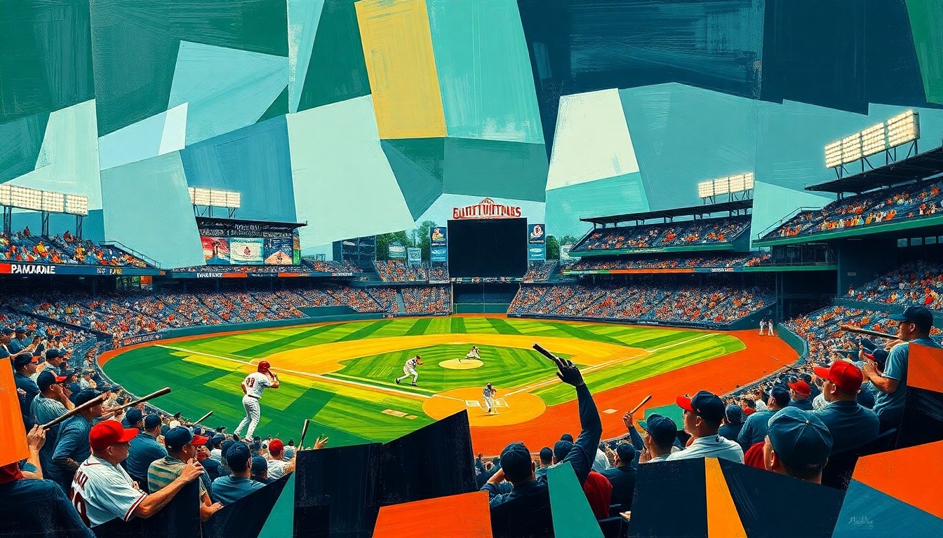 A fragmented, geometric painting depicting the dynamic action of a baseball game, with players, bats, and the field broken down into sharp, overlapping planes of color.