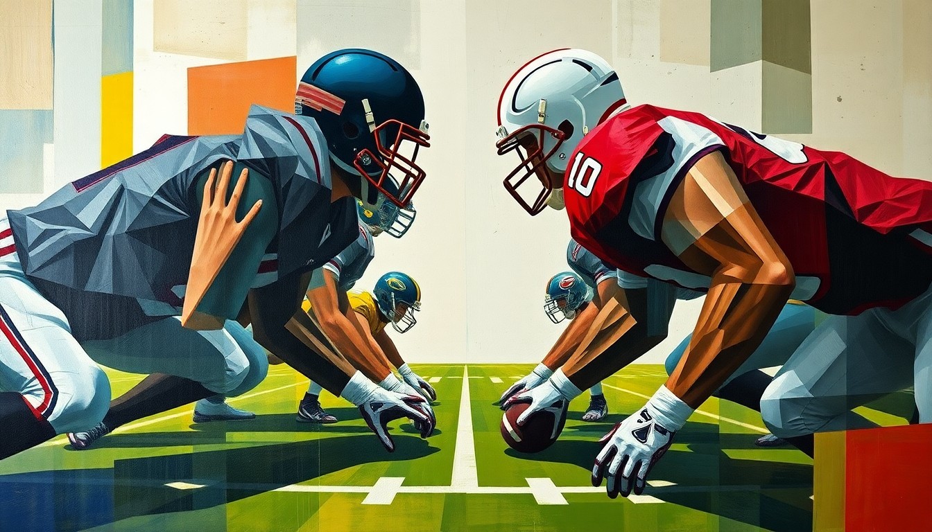 A cubist, geometric painting depicting the overlapping, fractured forms of football players engaged in a defensive line, conceptually representing the trade between the Falcons and Jaguars.