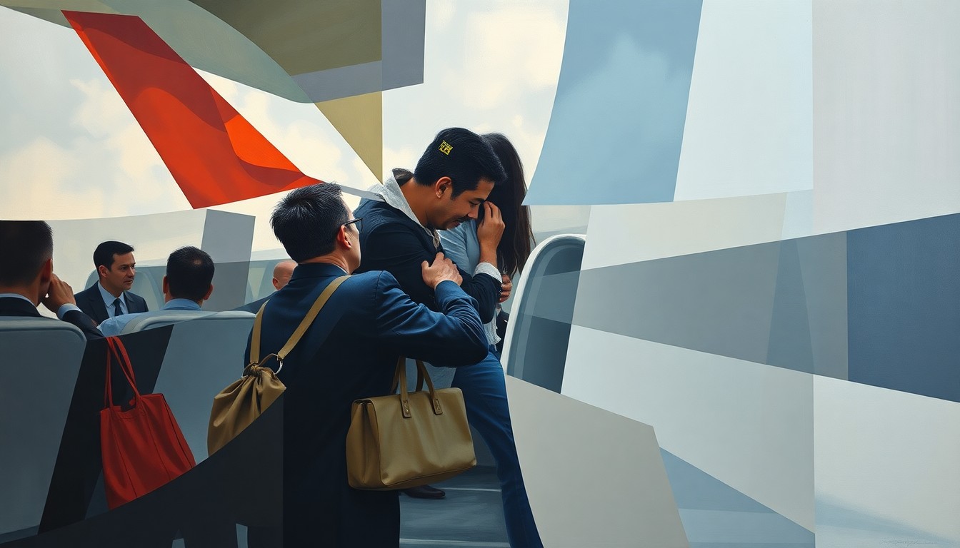 A cubist, geometric painting depicting the fragmented scene of a passenger being escorted off an airplane, with sharp, overlapping planes of color representing the chaotic nature of the incident.