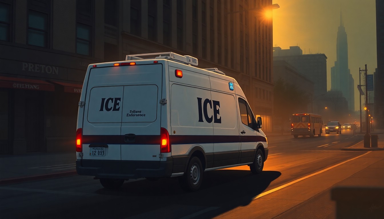 A photorealistic painting of an ICE enforcement van parked on a deserted city street, with warm sunlight casting long shadows across the scene, conveying a sense of solitude and contemplation.