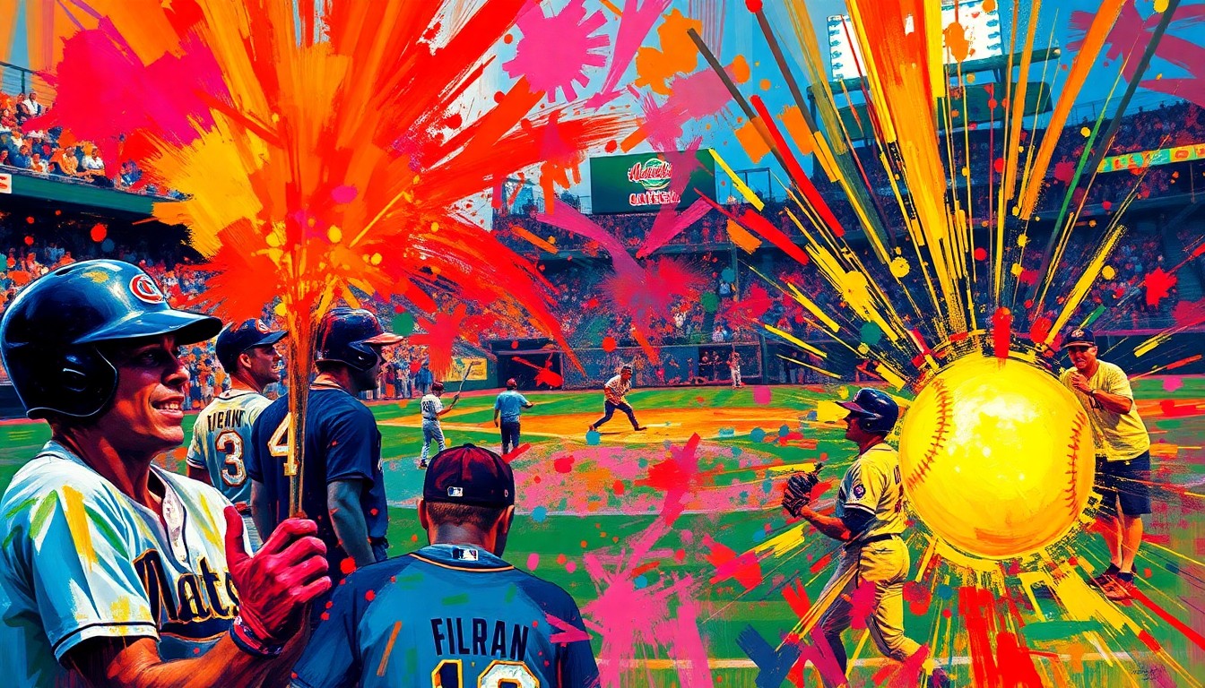 An abstract, expressionist painting in neon colors depicting the intense energy and movement of a baseball game being played in extreme heat, with the players and crowd dissolved into unrecognizable splatters of color and the baseball itself glowing with a bright neon light.