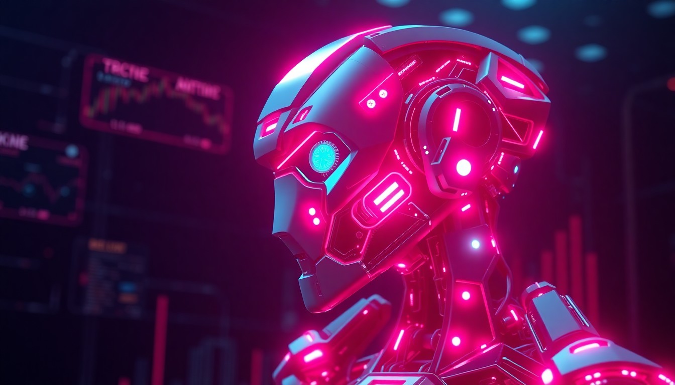 A highly detailed, glowing 3D illustration of a futuristic AI trading bot with intricate circuitry, neon cyan and magenta lights, and a sleek, angular design, set against a dark, moody background with hints of digital infrastructure, conceptually representing the advanced technology and cybernetic nature of automated trading.