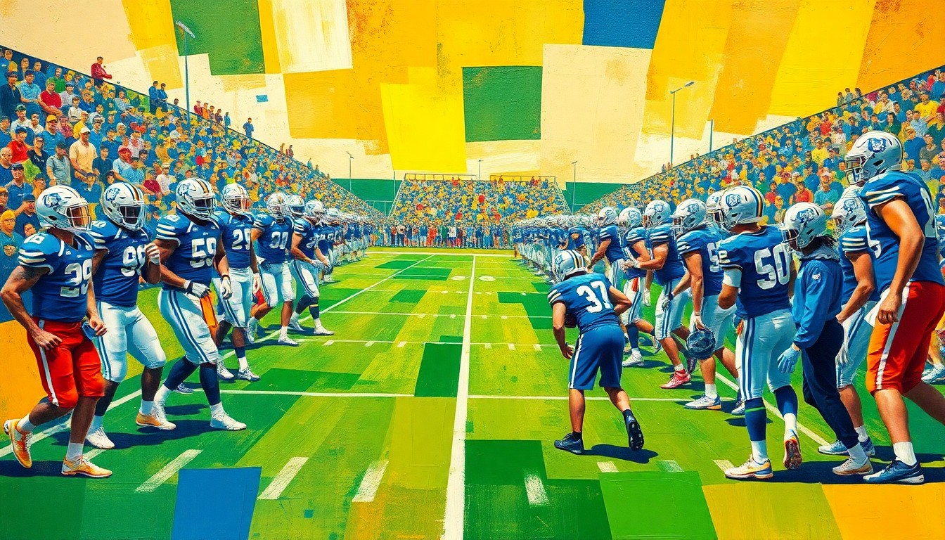 A cubist, geometric painting depicting the chaotic energy of a high-intensity football practice, with players, coaches, and equipment fractured into overlapping planes of vibrant blue, green, and gold colors.