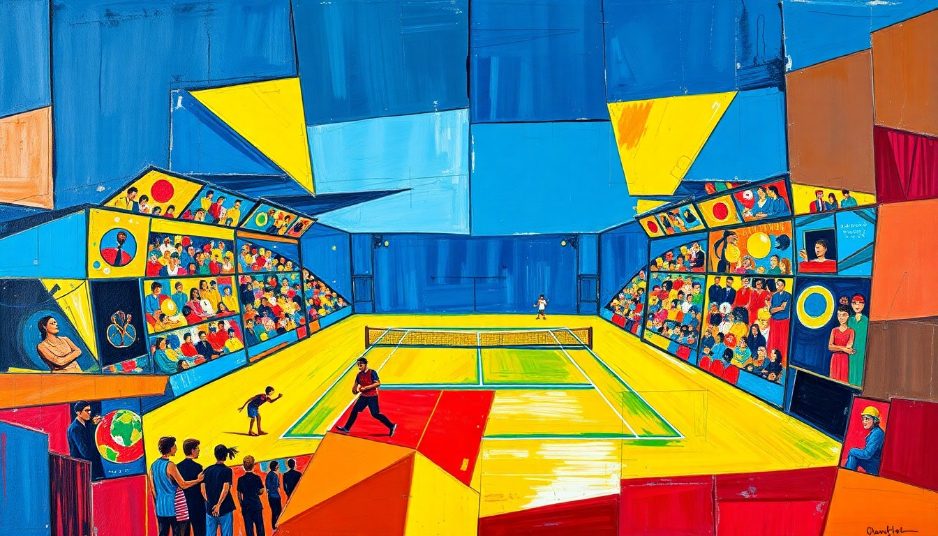 A fragmented, geometric painting in bold colors depicting a tennis match or tournament scene, conveying the intense physical and mental challenges of the professional tennis circuit.