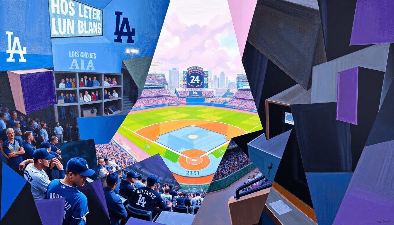 A cubist, geometric painting depicting a baseball game between the Los Angeles Dodgers and Colorado Rockies, with overlapping shapes and planes in vibrant blue, purple, and black colors representing the action on the field.