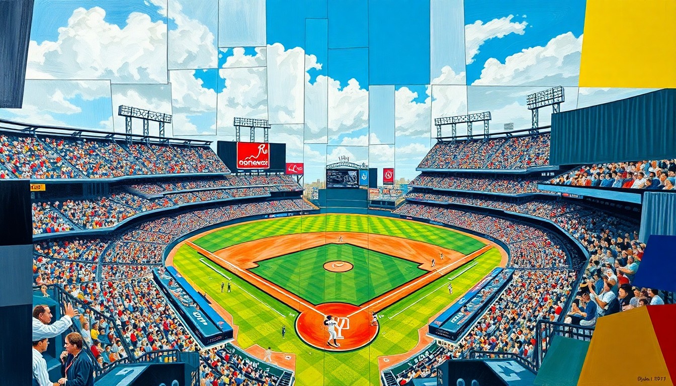 A fragmented, geometric painting depicting a baseball game between two teams, with sharp lines and planes of color representing the action on the field.