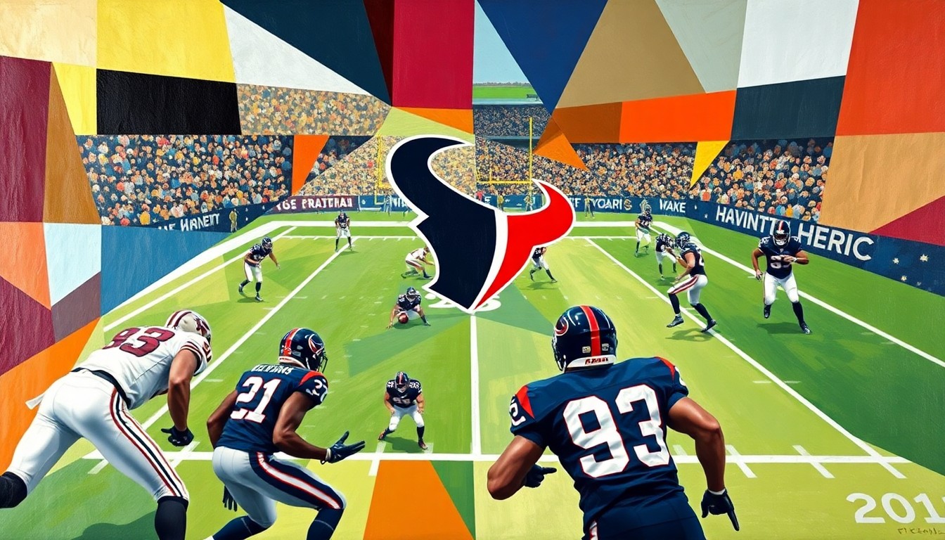 A fractured, multi-perspective painting breaking down a football game into abstract geometric shapes and planes of color, conceptually representing the uncertainty surrounding the Texans' quarterback situation.