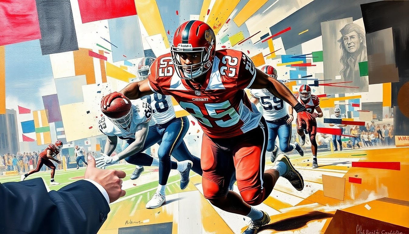 A cubist-style painting depicting a Cincinnati Bearcats running back breaking through the line of scrimmage, with the player's body and motion fractured into sharp, overlapping geometric shapes and planes in a vibrant color palette.