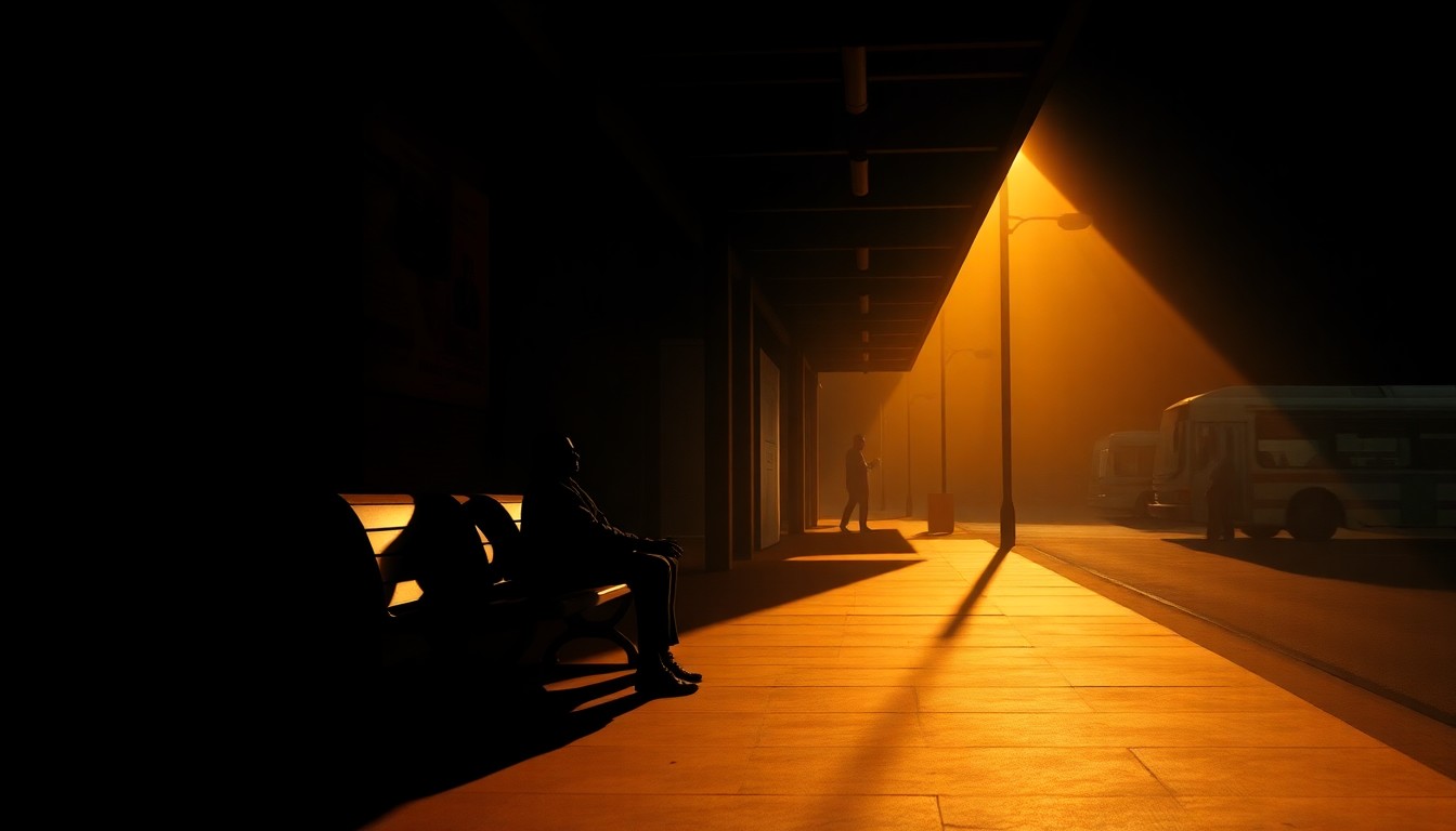 A solitary figure of a Haitian refugee sitting alone on a bench in a dimly lit urban bus station, with warm sunlight and deep shadows creating a pensive, cinematic mood.