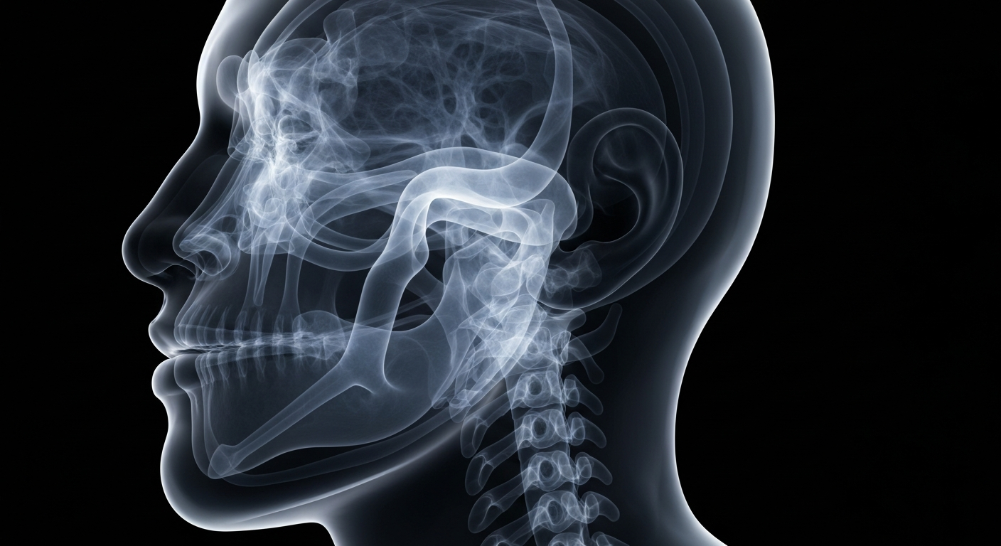 An extreme close-up X-ray image revealing the internal structures of the head and neck, conceptually illustrating the advanced medical technology used to diagnose sleep issues.