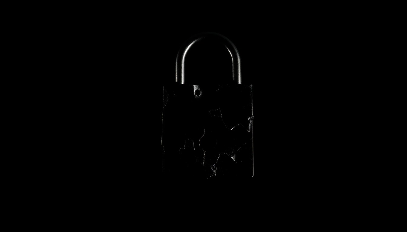 An extreme close-up photograph of a damaged lock or lockbox against a pitch-black background, lit by a harsh, direct camera flash, conceptually representing the theft of the Narkmanee family's life savings.