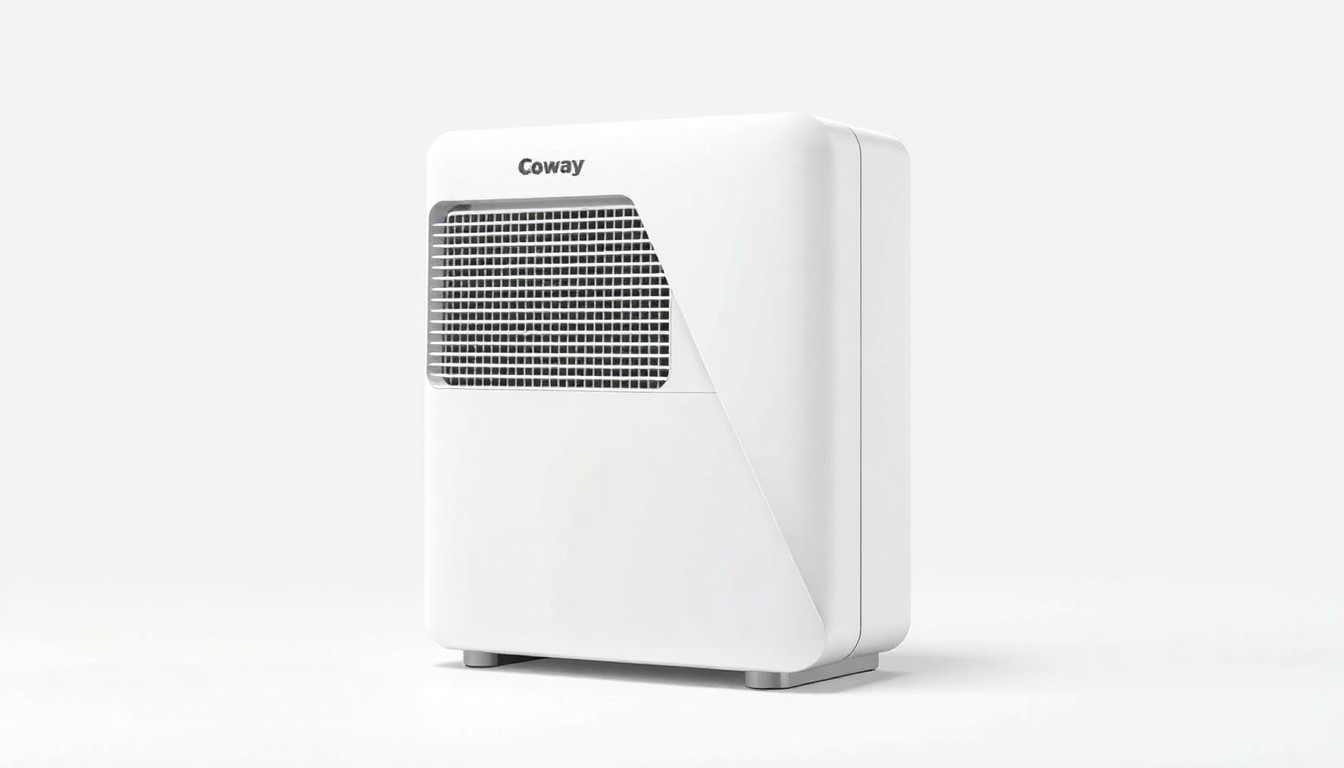 An extreme close-up of the Coway Airmega Mighty2 air purifier, showcasing its sleek, minimalist exterior design with clean geometric lines and subtle metallic accents, conveying a sense of advanced filtration technology.