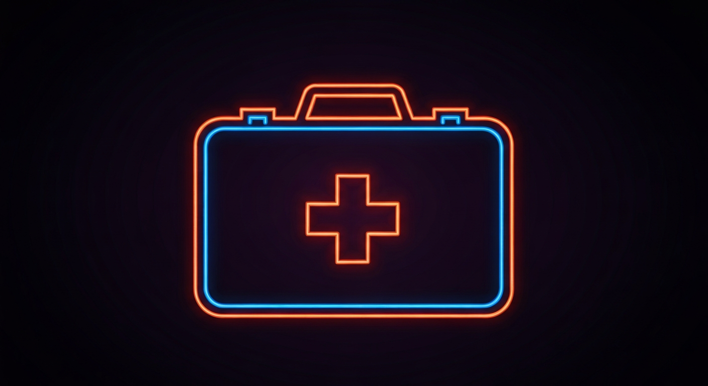 A glowing neon outline of a first aid kit against a dark background, conceptually representing the importance of emergency preparedness.