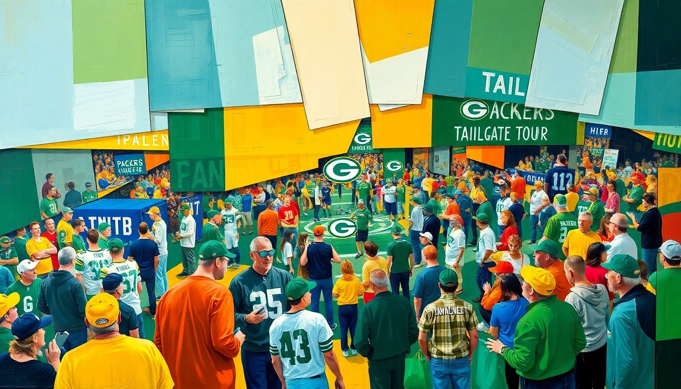 A fractured, geometric painting depicting a Packers Tailgate Tour event, with overlapping planes of players, fans, and community members interacting in a vibrant, abstract composition.