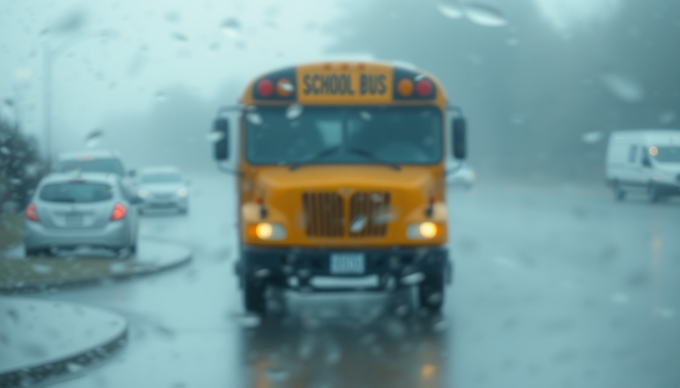 An abstract, out-of-focus photograph depicting the blurred outline of a school bus on a rainy day, conveying a sense of concern and uncertainty surrounding a recent incident where a student was injured after falling from the moving vehicle.