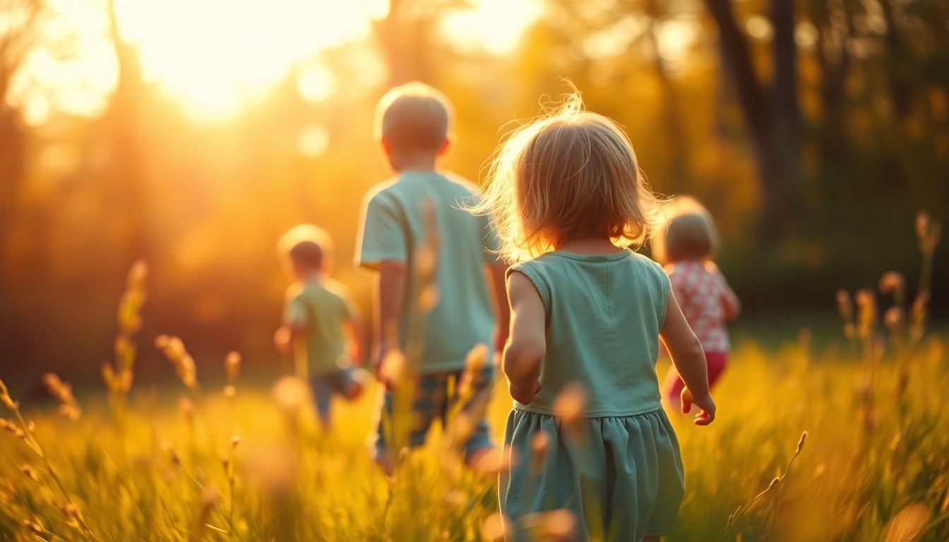 An abstract, impressionistic photograph capturing the blurred silhouettes of children exploring a natural setting, with soft, warm pools of light and color creating a dreamlike, atmospheric mood.