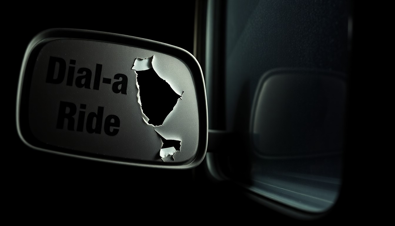 An extreme close-up photograph of a damaged side mirror from a Dial-A-Ride bus, capturing the gritty details and dramatic lighting to conceptually illustrate the aftermath of a serious traffic accident.