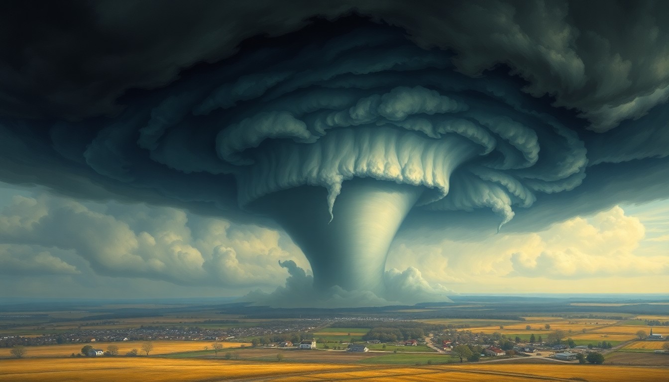 A sweeping landscape painting in muted tones, with a massive tornado dominating the skyline and dwarfing the small buildings below, conveying the overwhelming scale and power of the natural disaster.
