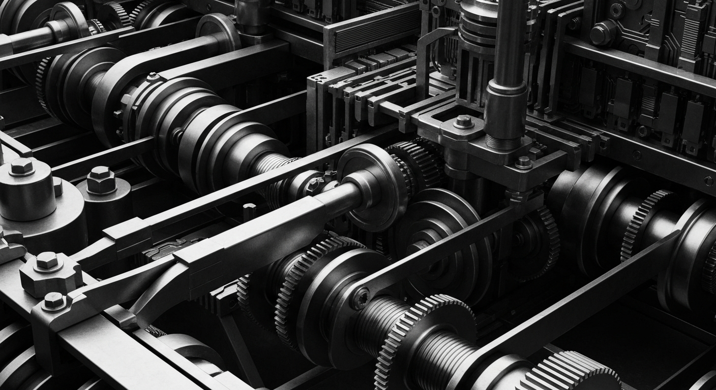 A high-contrast, cinematic black and white close-up of intricate financial machinery and mechanisms, representing the hidden intricacies of the investment world.